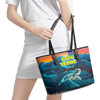 Cape Verde Leather Tote Bag with Loggerhead Sea Turtle Ocean Sunset Spirit