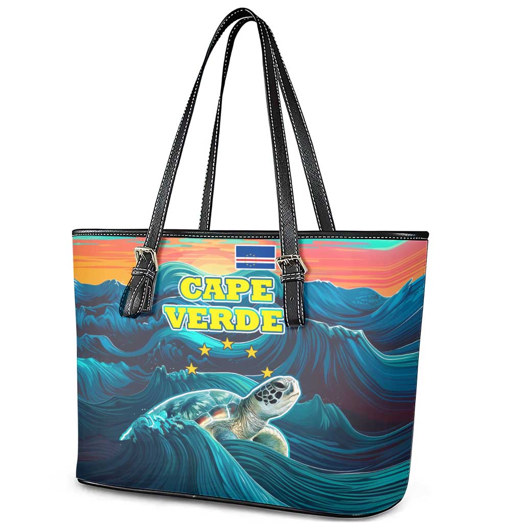 Cape Verde Leather Tote Bag with Loggerhead Sea Turtle Ocean Sunset Spirit