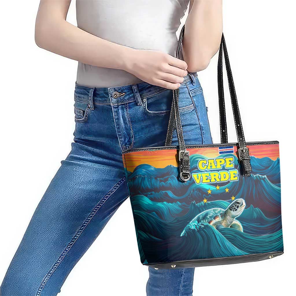 Cape Verde Leather Tote Bag with Loggerhead Sea Turtle Ocean Sunset Spirit
