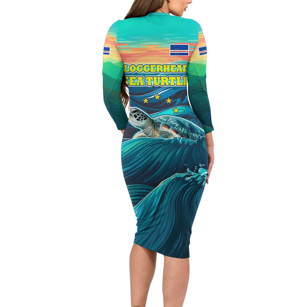 Cape Verde Long Sleeve Bodycon Dress with Loggerhead Sea Turtle Ocean Sunset Spirit