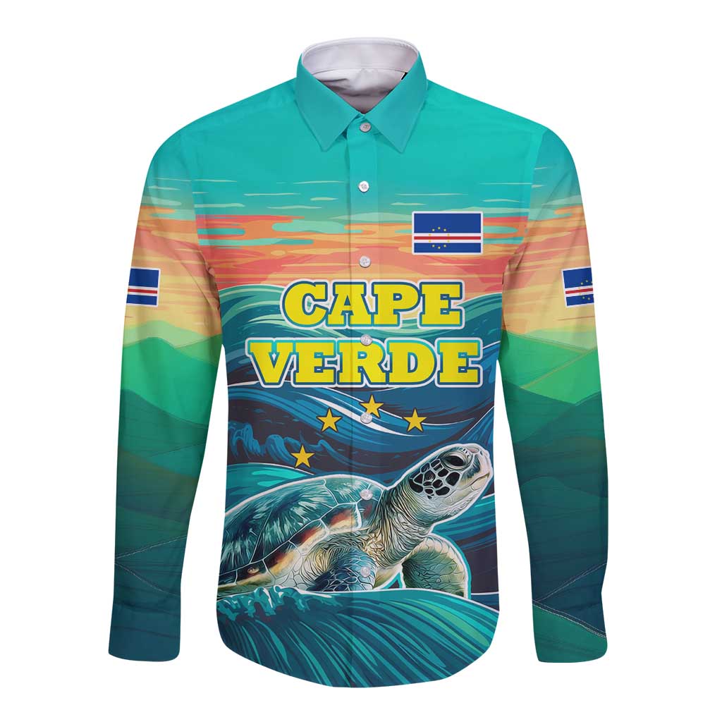 Cape Verde Long Sleeve Button Shirt with Loggerhead Sea Turtle Ocean Sunset Spirit
