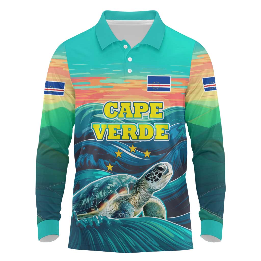 Cape Verde Long Sleeve Polo Shirt with Loggerhead Sea Turtle Ocean Sunset Spirit