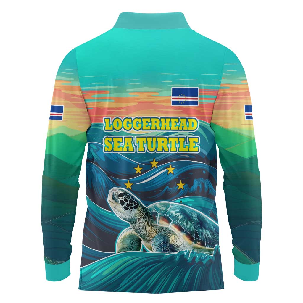 Cape Verde Long Sleeve Polo Shirt with Loggerhead Sea Turtle Ocean Sunset Spirit