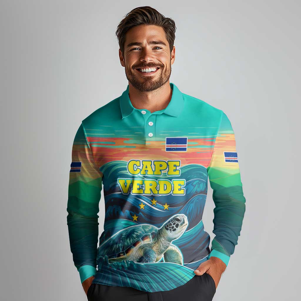 Cape Verde Long Sleeve Polo Shirt with Loggerhead Sea Turtle Ocean Sunset Spirit