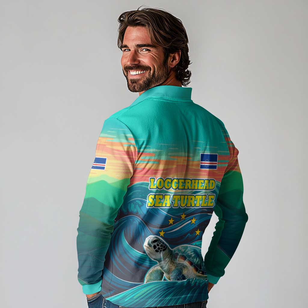 Cape Verde Long Sleeve Polo Shirt with Loggerhead Sea Turtle Ocean Sunset Spirit