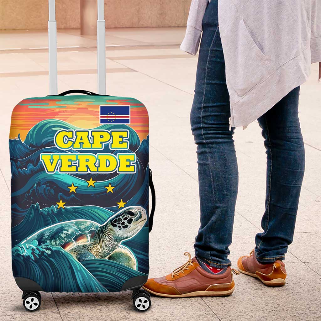 Cape Verde Luggage Cover with Loggerhead Sea Turtle Ocean Sunset Spirit