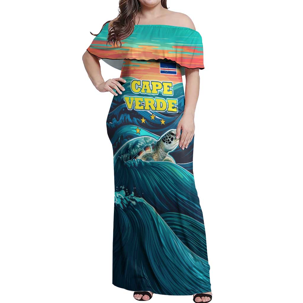 Cape Verde Off Shoulder Maxi Dress with Loggerhead Sea Turtle Ocean Sunset Spirit
