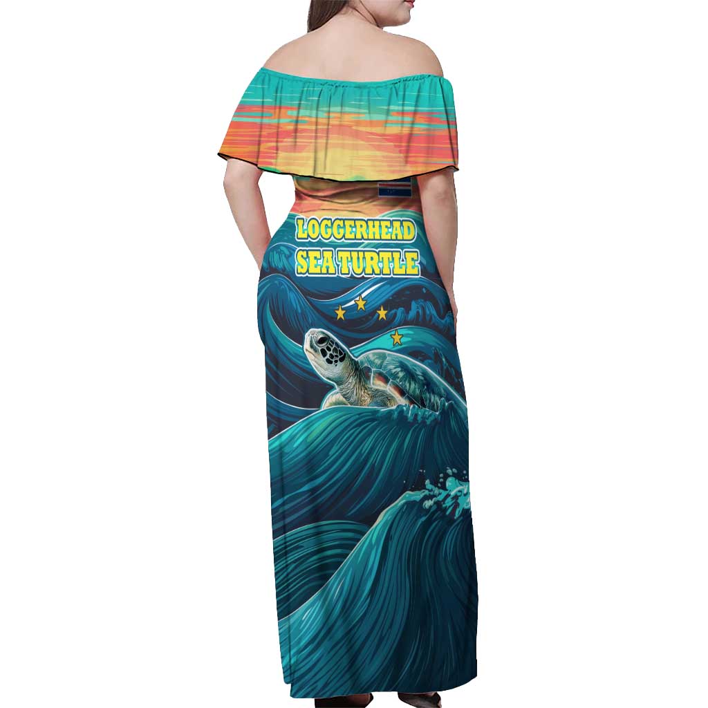 Cape Verde Off Shoulder Maxi Dress with Loggerhead Sea Turtle Ocean Sunset Spirit
