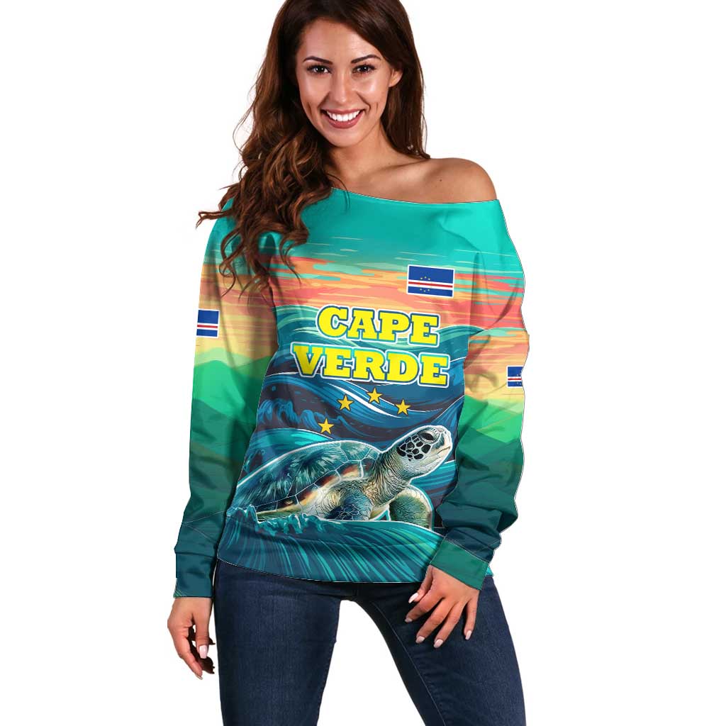 Cape Verde Off Shoulder Sweater with Loggerhead Sea Turtle Ocean Sunset Spirit