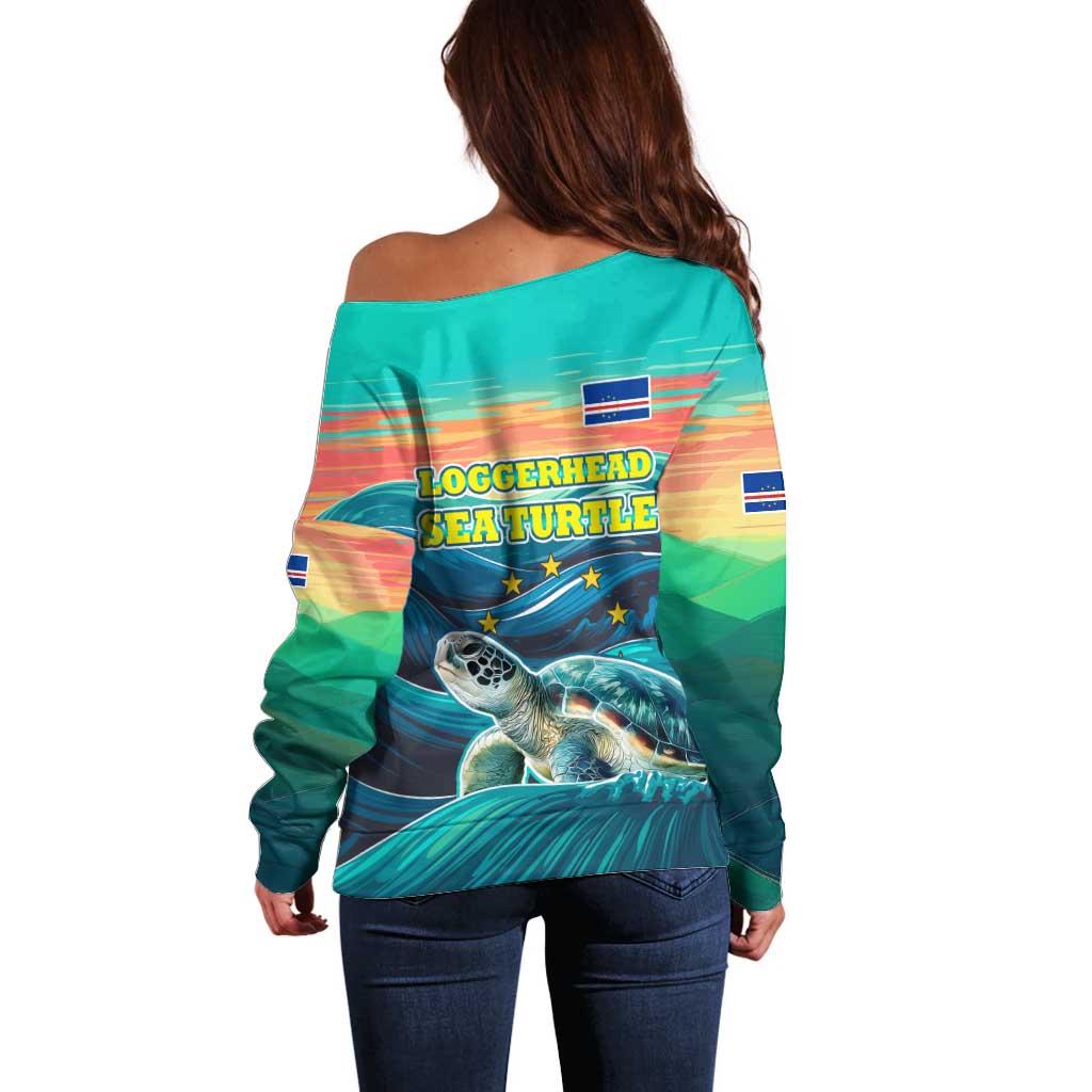 Cape Verde Off Shoulder Sweater with Loggerhead Sea Turtle Ocean Sunset Spirit