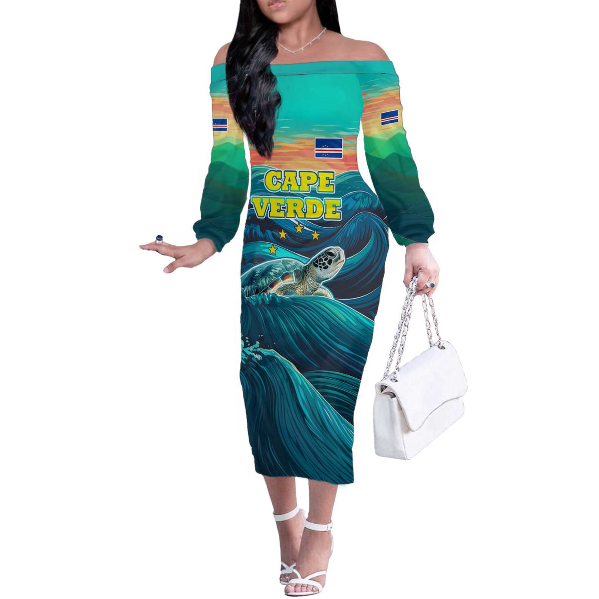 Cape Verde Off The Shoulder Long Sleeve Dress with Loggerhead Sea Turtle Ocean Sunset Spirit