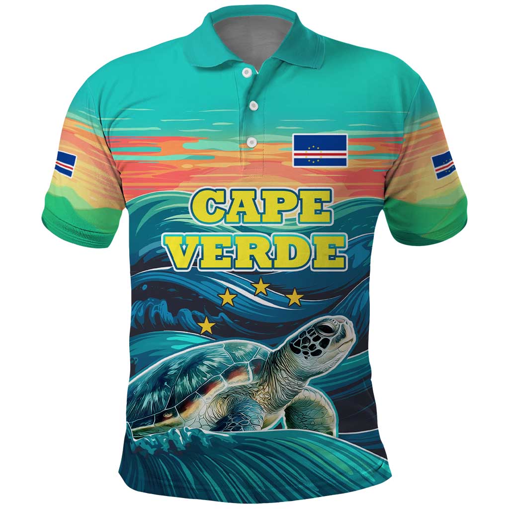 Cape Verde Polo Shirt with Loggerhead Sea Turtle Ocean Sunset Spirit