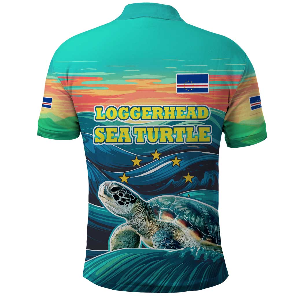 Cape Verde Polo Shirt with Loggerhead Sea Turtle Ocean Sunset Spirit