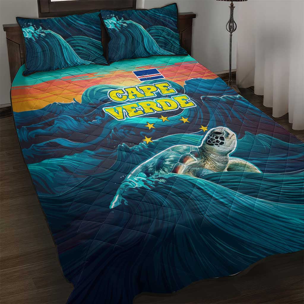 Cape Verde Quilt Bed Set with Loggerhead Sea Turtle Ocean Sunset Spirit