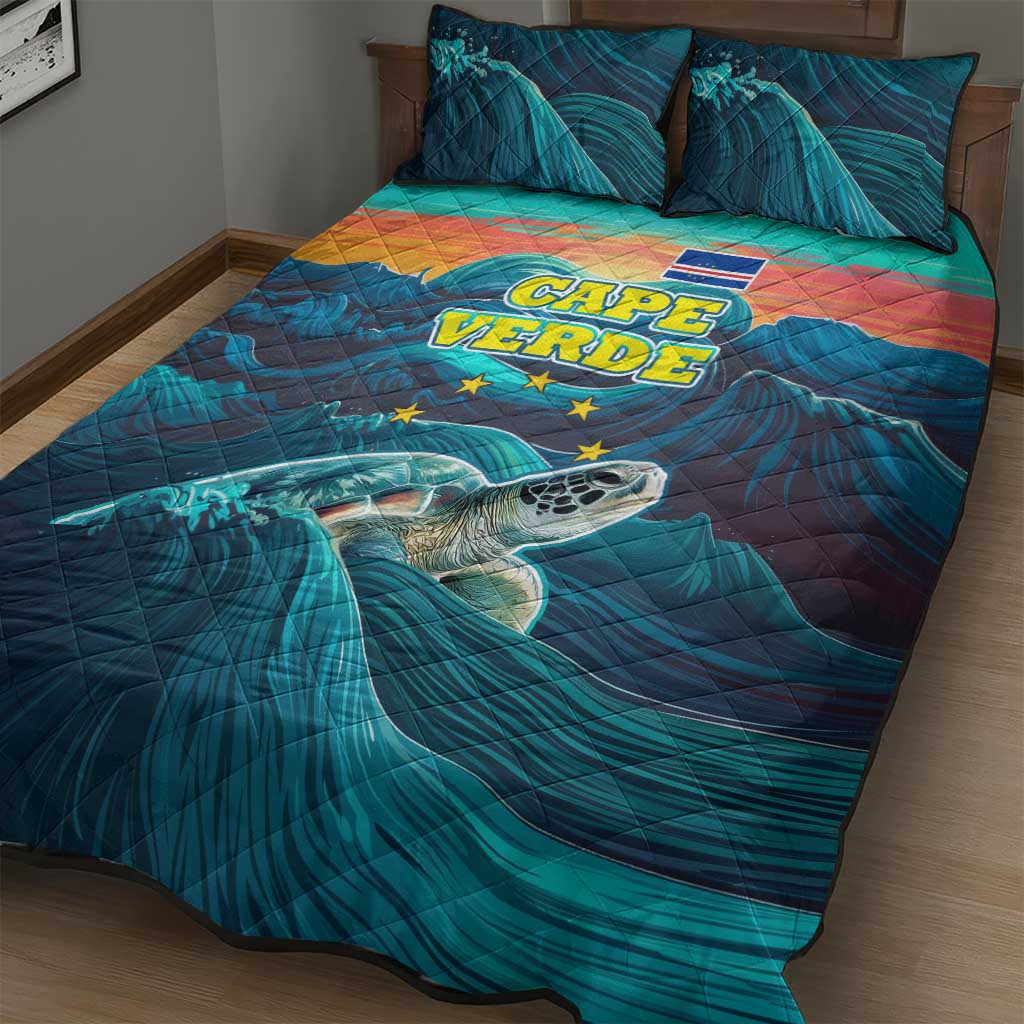 Cape Verde Quilt Bed Set with Loggerhead Sea Turtle Ocean Sunset Spirit