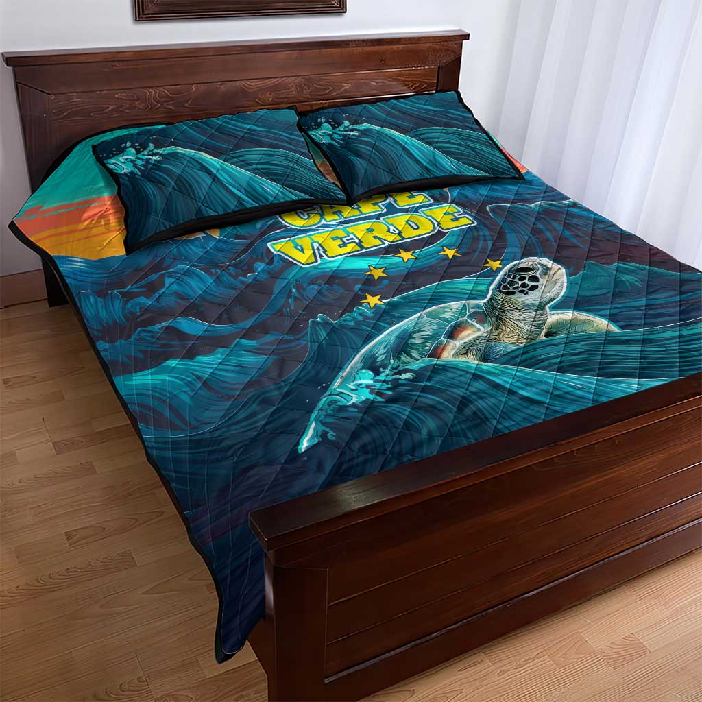 Cape Verde Quilt Bed Set with Loggerhead Sea Turtle Ocean Sunset Spirit
