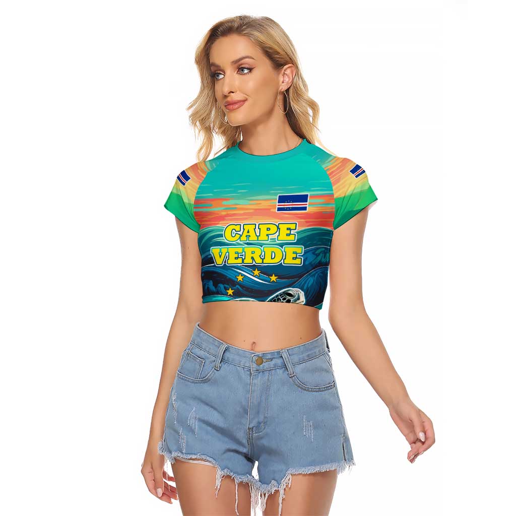 Cape Verde Raglan Cropped T Shirt with Loggerhead Sea Turtle Ocean Sunset Spirit