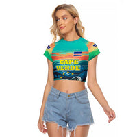 Cape Verde Raglan Cropped T Shirt with Loggerhead Sea Turtle Ocean Sunset Spirit