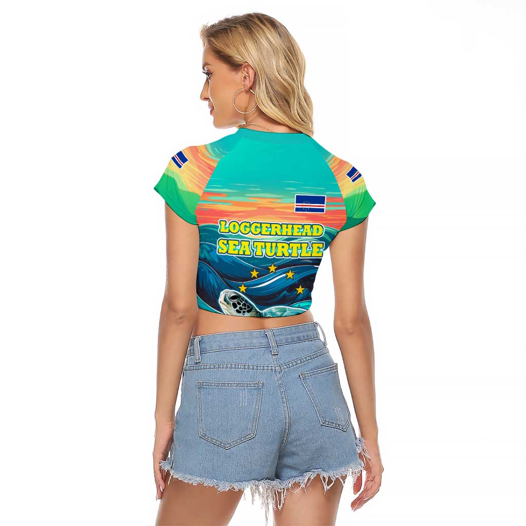 Cape Verde Raglan Cropped T Shirt with Loggerhead Sea Turtle Ocean Sunset Spirit