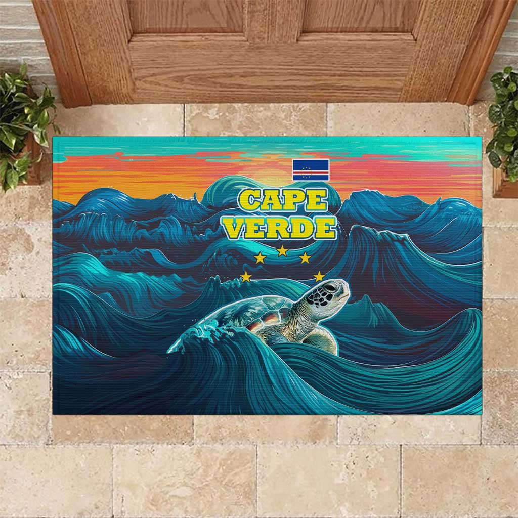 Cape Verde Rubber Doormat with Loggerhead Sea Turtle Ocean Sunset Spirit