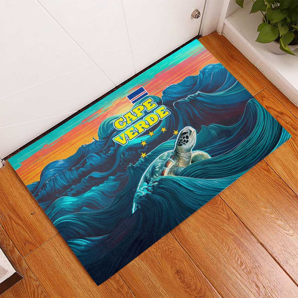 Cape Verde Rubber Doormat with Loggerhead Sea Turtle Ocean Sunset Spirit