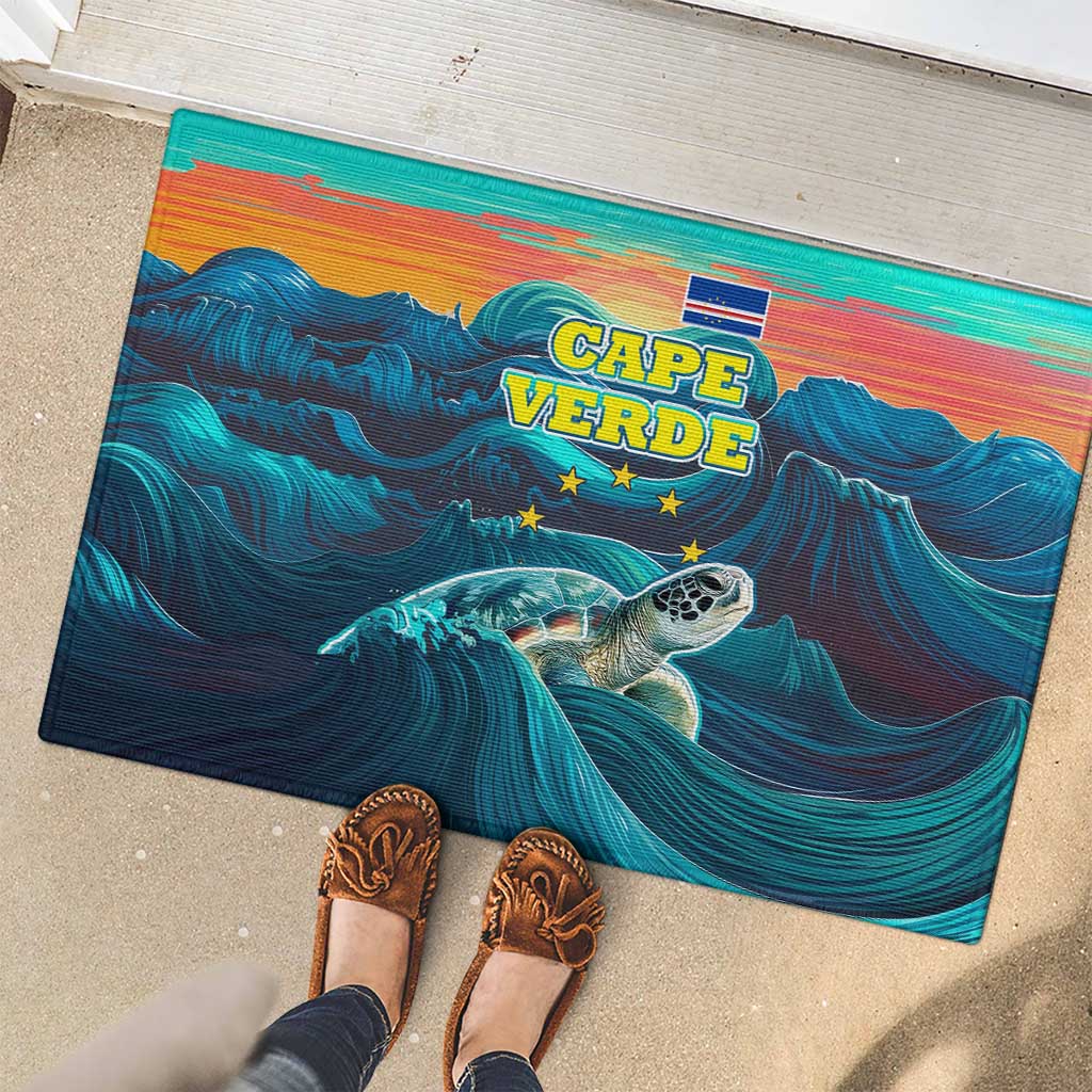 Cape Verde Rubber Doormat with Loggerhead Sea Turtle Ocean Sunset Spirit