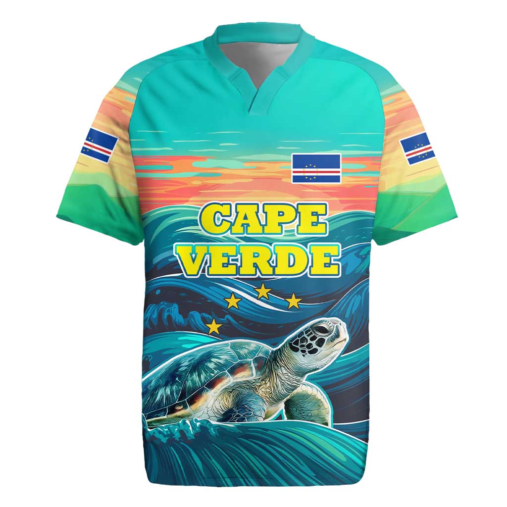 Cape Verde Rugby Jersey with Loggerhead Sea Turtle Ocean Sunset Spirit