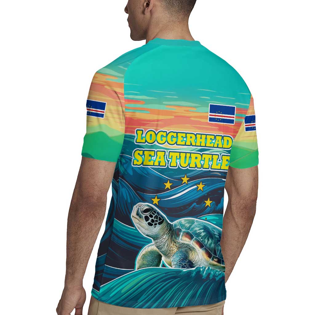 Cape Verde Rugby Jersey with Loggerhead Sea Turtle Ocean Sunset Spirit