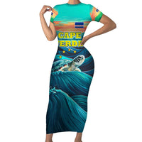 Cape Verde Short Sleeve Bodycon Dress with Loggerhead Sea Turtle Ocean Sunset Spirit
