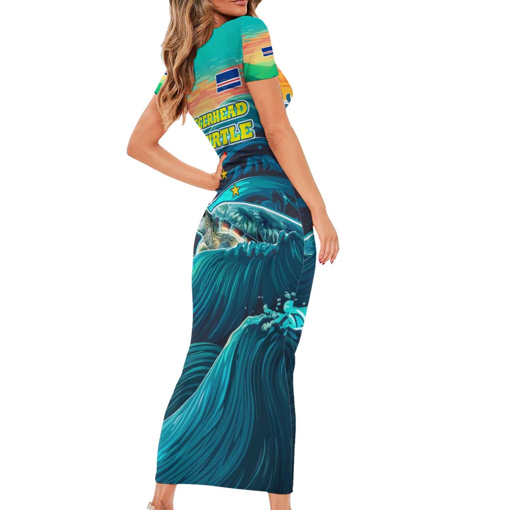 Cape Verde Short Sleeve Bodycon Dress with Loggerhead Sea Turtle Ocean Sunset Spirit