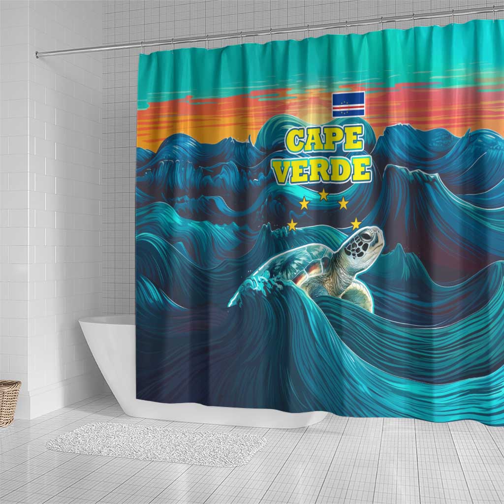 Cape Verde Shower Curtain with Loggerhead Sea Turtle Ocean Sunset Spirit