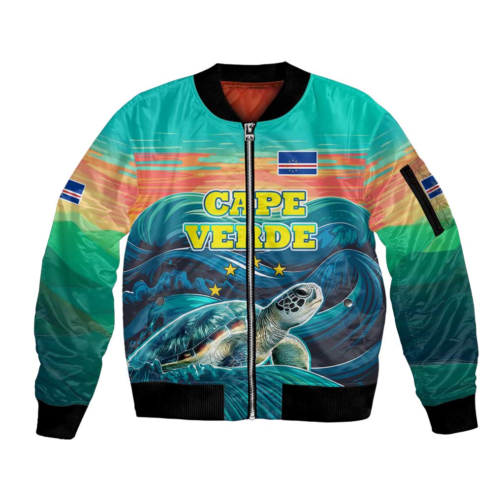 Cape Verde Sleeve Zip Bomber Jacket with Loggerhead Sea Turtle Ocean Sunset Spirit