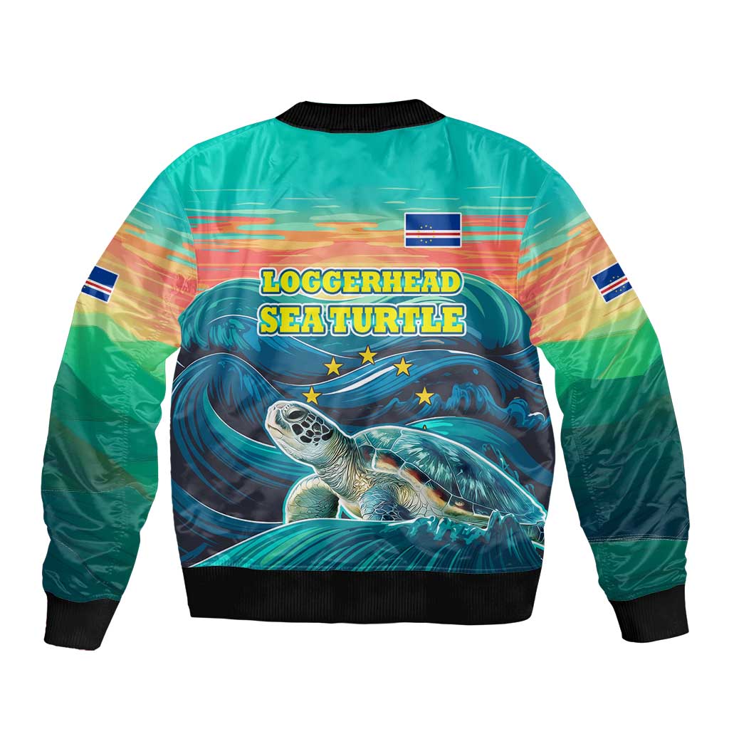 Cape Verde Sleeve Zip Bomber Jacket with Loggerhead Sea Turtle Ocean Sunset Spirit