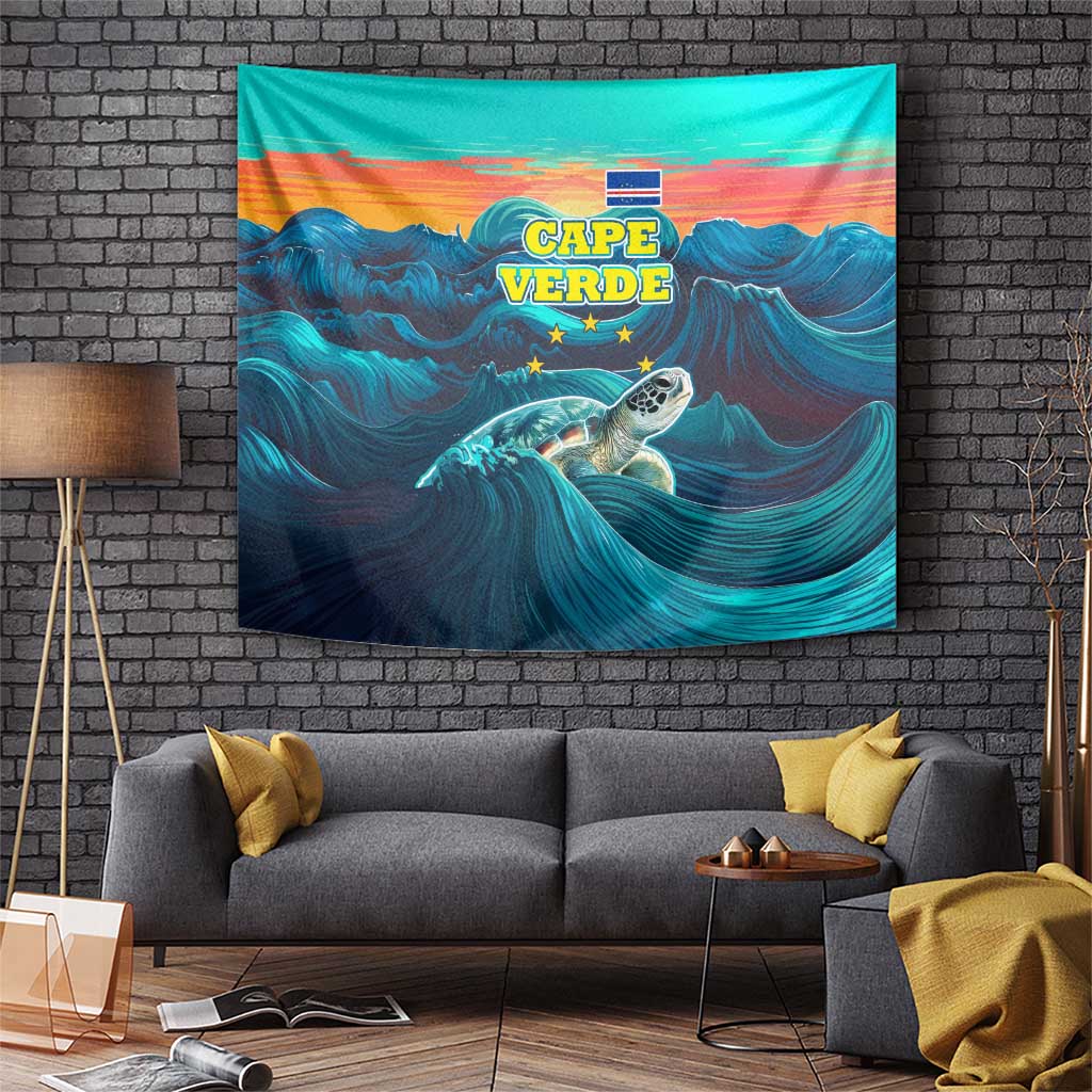 Cape Verde Tapestry with Loggerhead Sea Turtle Ocean Sunset Spirit