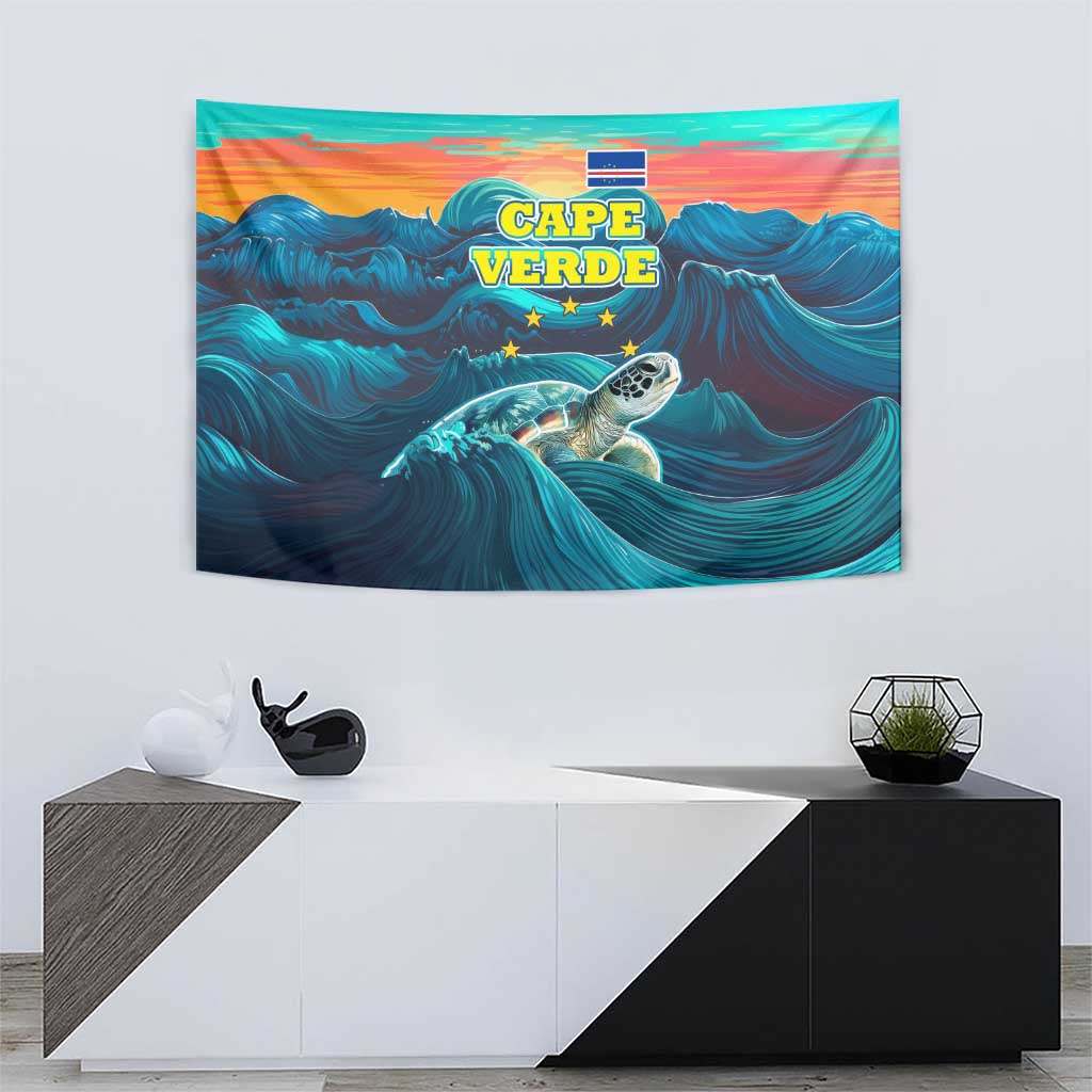 Cape Verde Tapestry with Loggerhead Sea Turtle Ocean Sunset Spirit