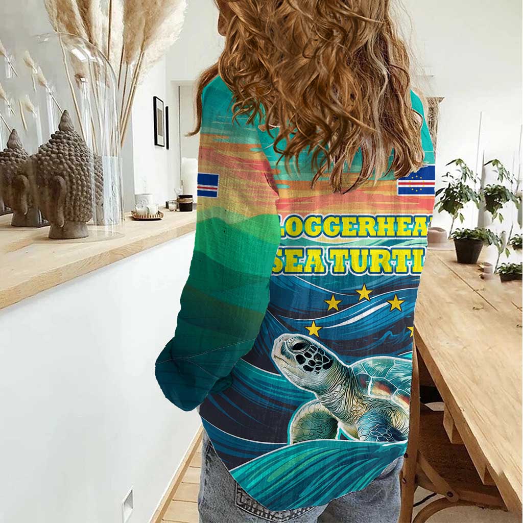 Cape Verde Women Casual Shirt with Loggerhead Sea Turtle Ocean Sunset Spirit