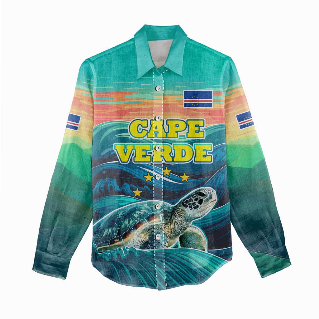 Cape Verde Women Casual Shirt with Loggerhead Sea Turtle Ocean Sunset Spirit