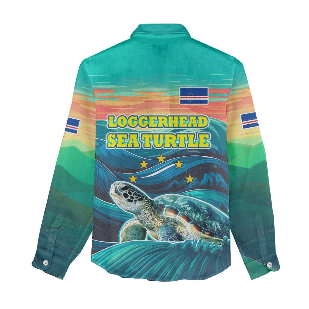 Cape Verde Women Casual Shirt with Loggerhead Sea Turtle Ocean Sunset Spirit
