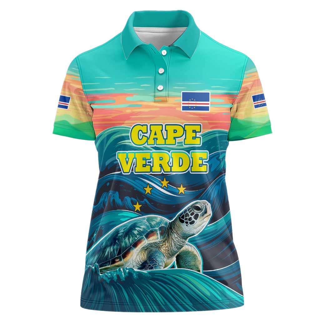 Cape Verde Women Polo Shirt with Loggerhead Sea Turtle Ocean Sunset Spirit