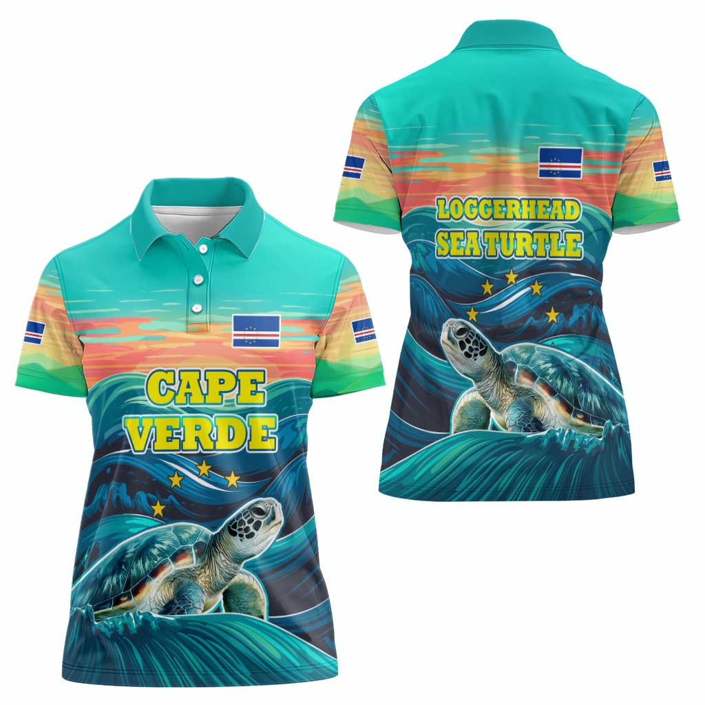 Cape Verde Women Polo Shirt with Loggerhead Sea Turtle Ocean Sunset Spirit