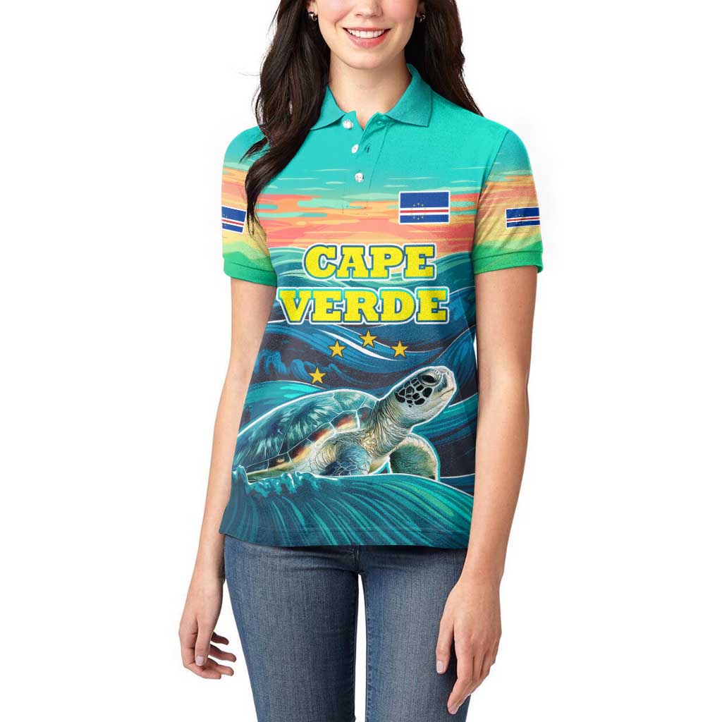Cape Verde Women Polo Shirt with Loggerhead Sea Turtle Ocean Sunset Spirit