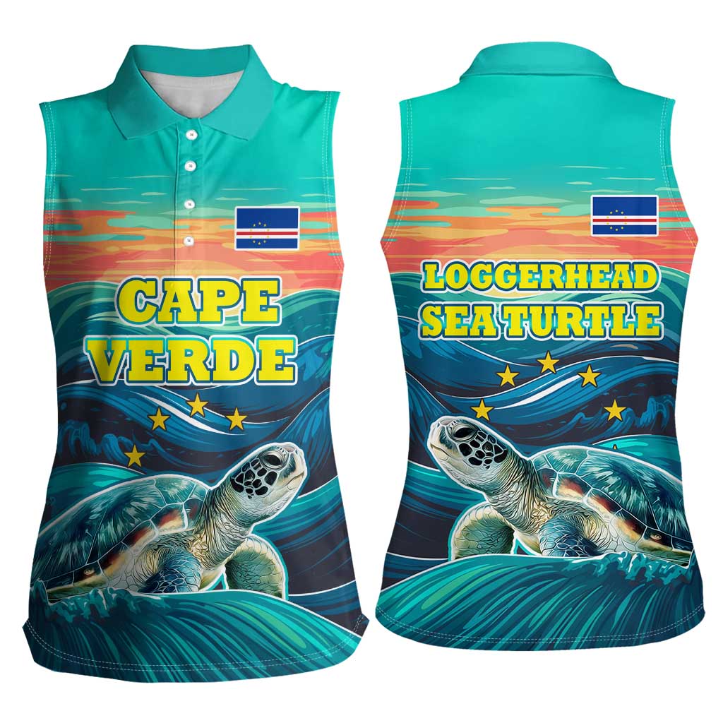 Cape Verde Women Sleeveless Polo Shirt with Loggerhead Sea Turtle Ocean Sunset Spirit