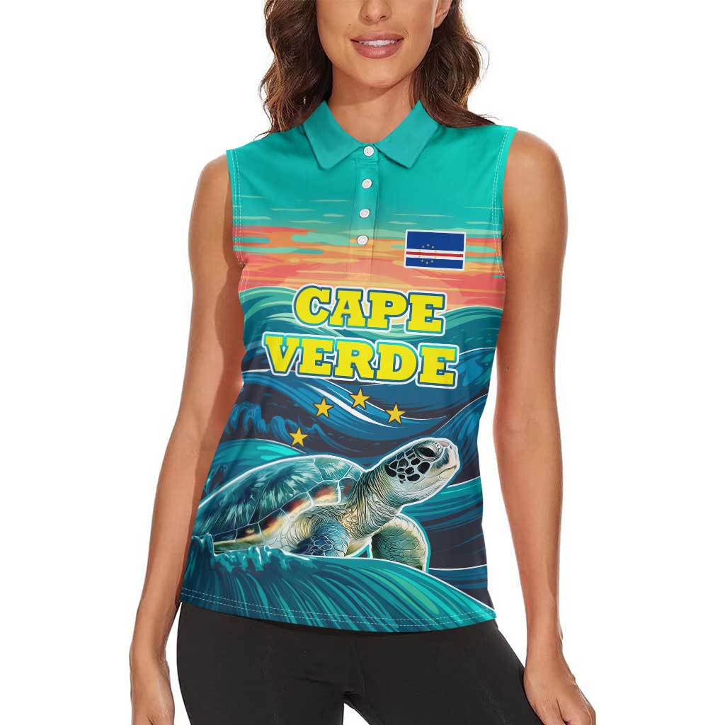 Cape Verde Women Sleeveless Polo Shirt with Loggerhead Sea Turtle Ocean Sunset Spirit