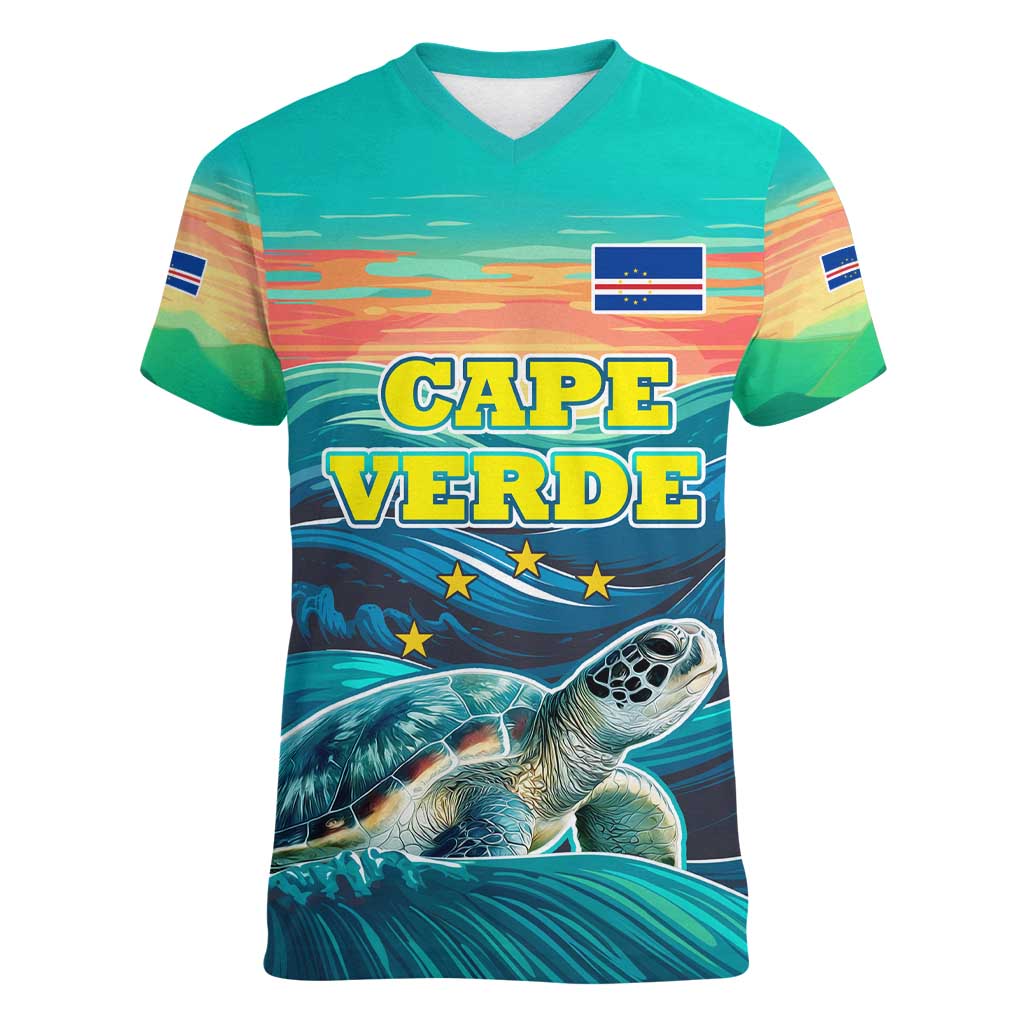 Cape Verde Women V-Neck T-Shirt with Loggerhead Sea Turtle Ocean Sunset Spirit