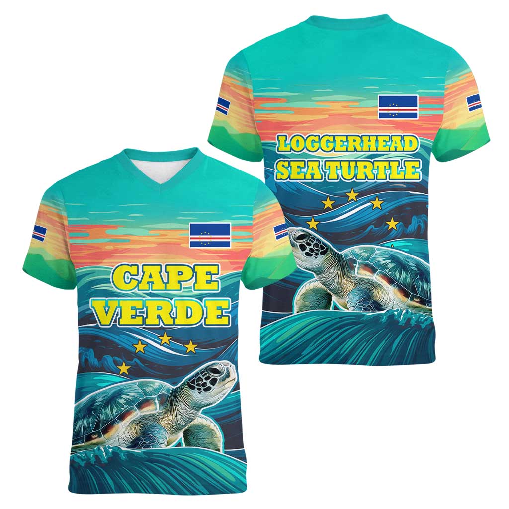 Cape Verde Women V-Neck T-Shirt with Loggerhead Sea Turtle Ocean Sunset Spirit
