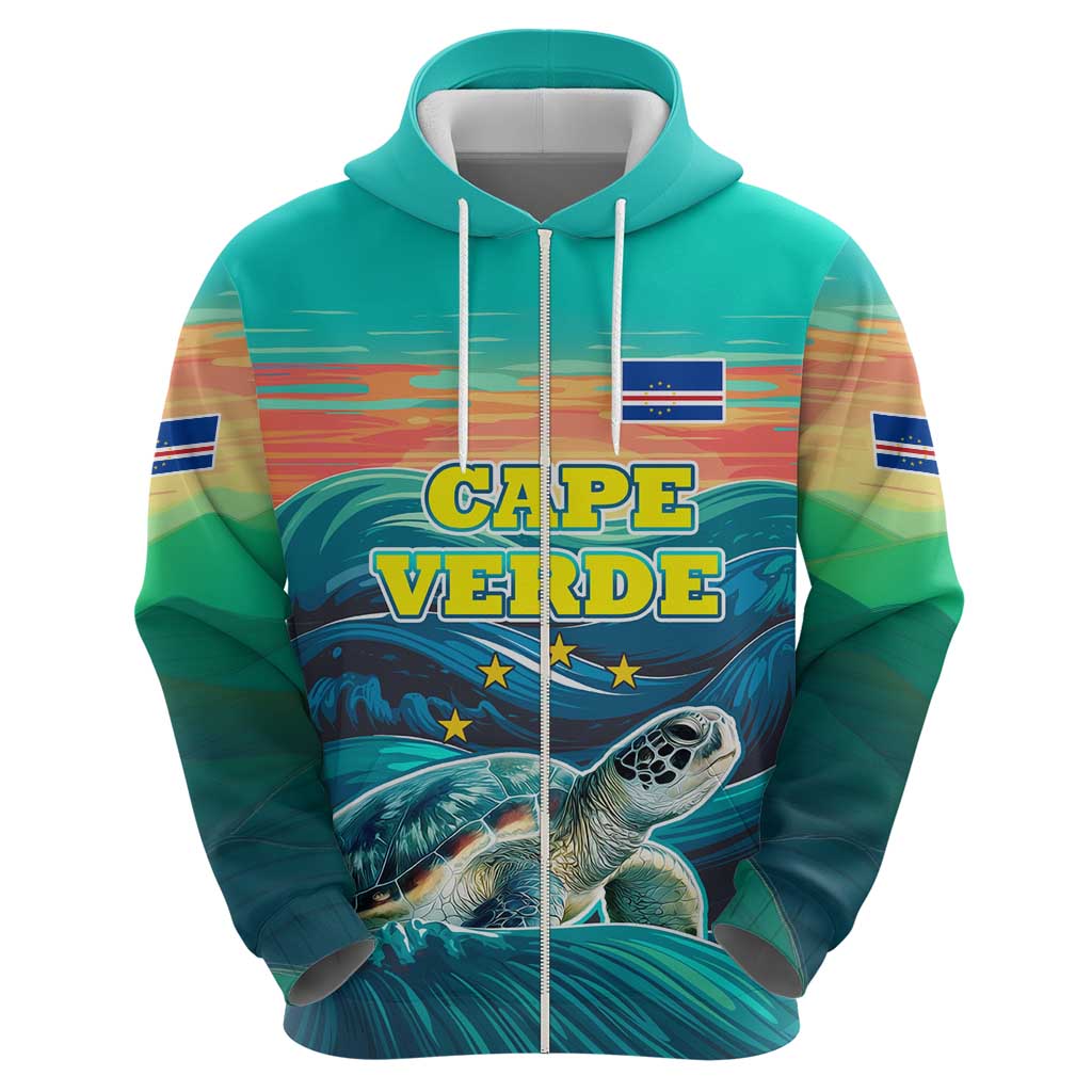 Cape Verde Zip Hoodie with Loggerhead Sea Turtle Ocean Sunset Spirit