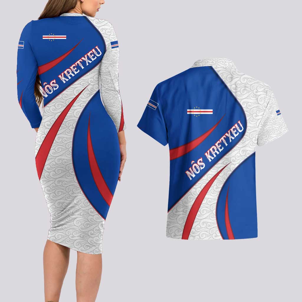 Cape Verde Couples Matching Long Sleeve Bodycon Dress and Hawaiian Shirt with Blue Red Flag Nós Kretxeu Spirit