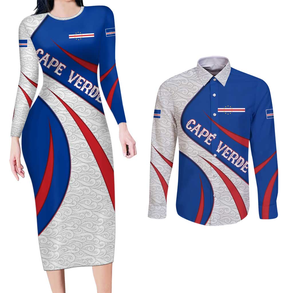 Cape Verde Couples Matching Long Sleeve Bodycon Dress and Long Sleeve Button Shirt with Blue Red Flag Nós Kretxeu Spirit