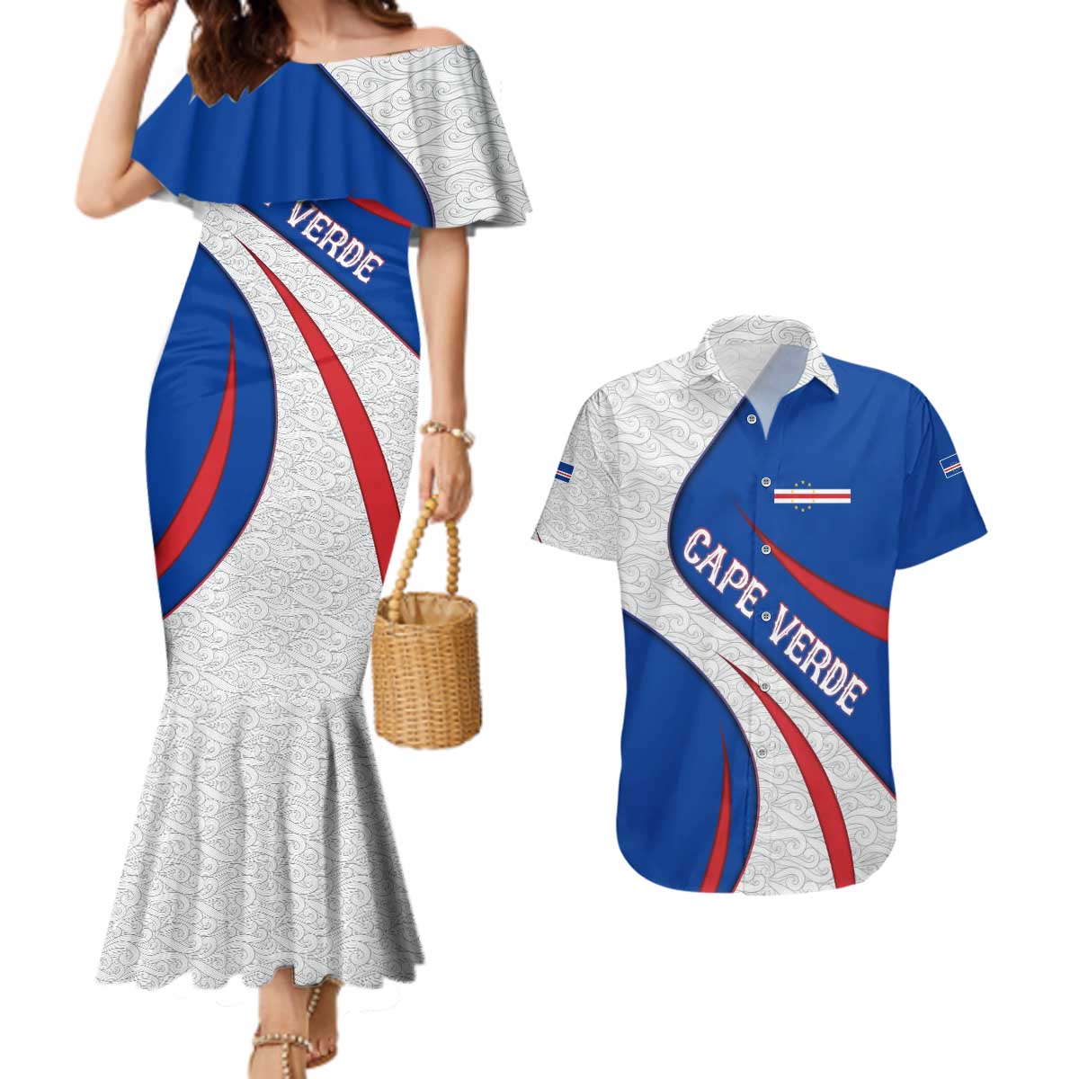 Cape Verde Couples Matching Mermaid Dress and Hawaiian Shirt with Blue Red Flag Nós Kretxeu Spirit