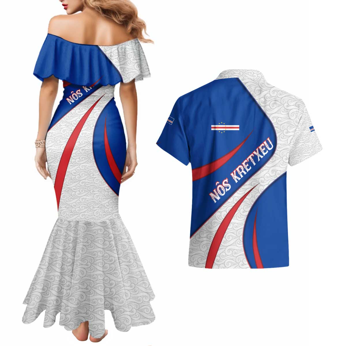 Cape Verde Couples Matching Mermaid Dress and Hawaiian Shirt with Blue Red Flag Nós Kretxeu Spirit
